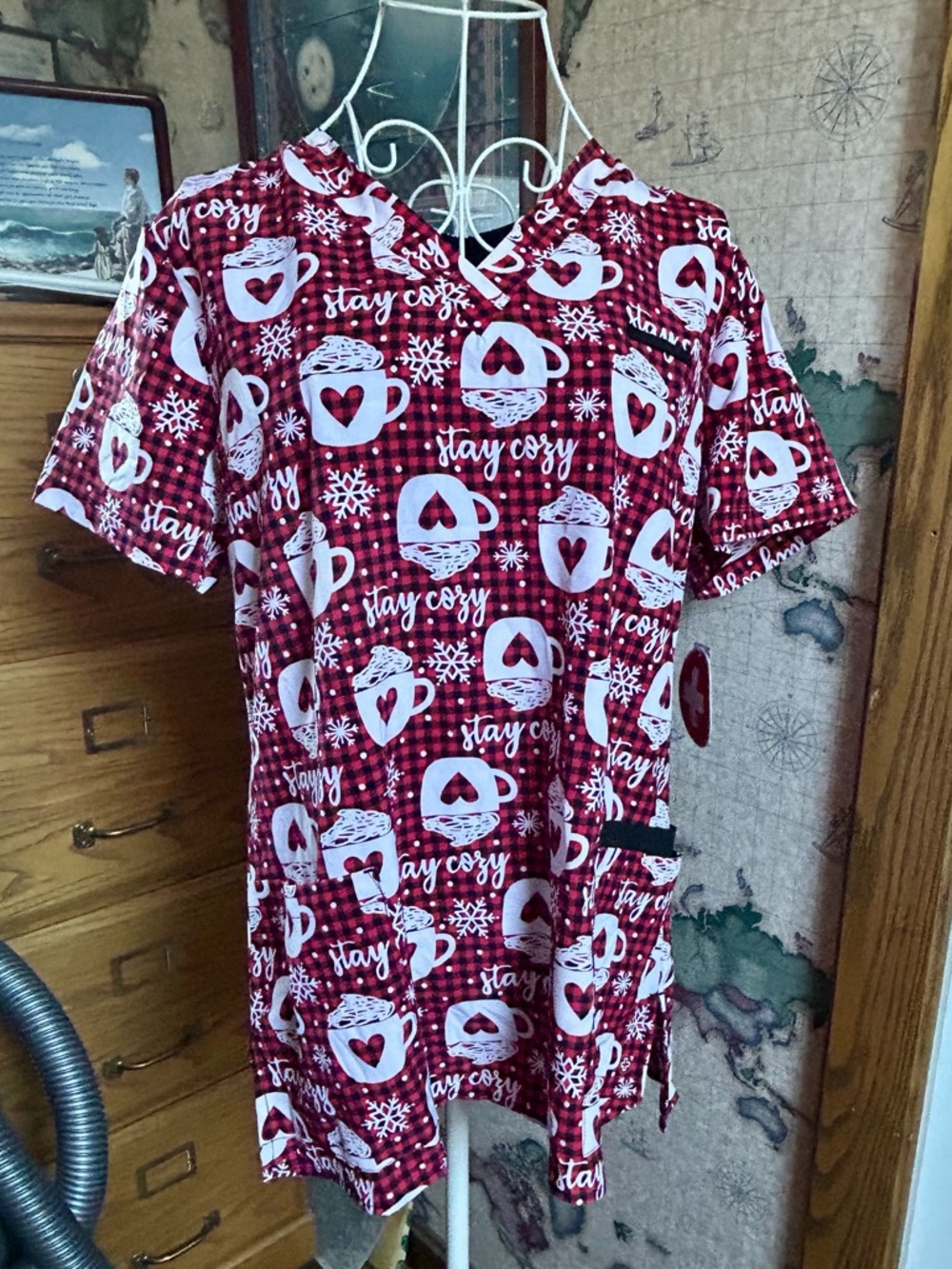 White Cross Red Buffalo Check Hot Cocoa Scrub Top